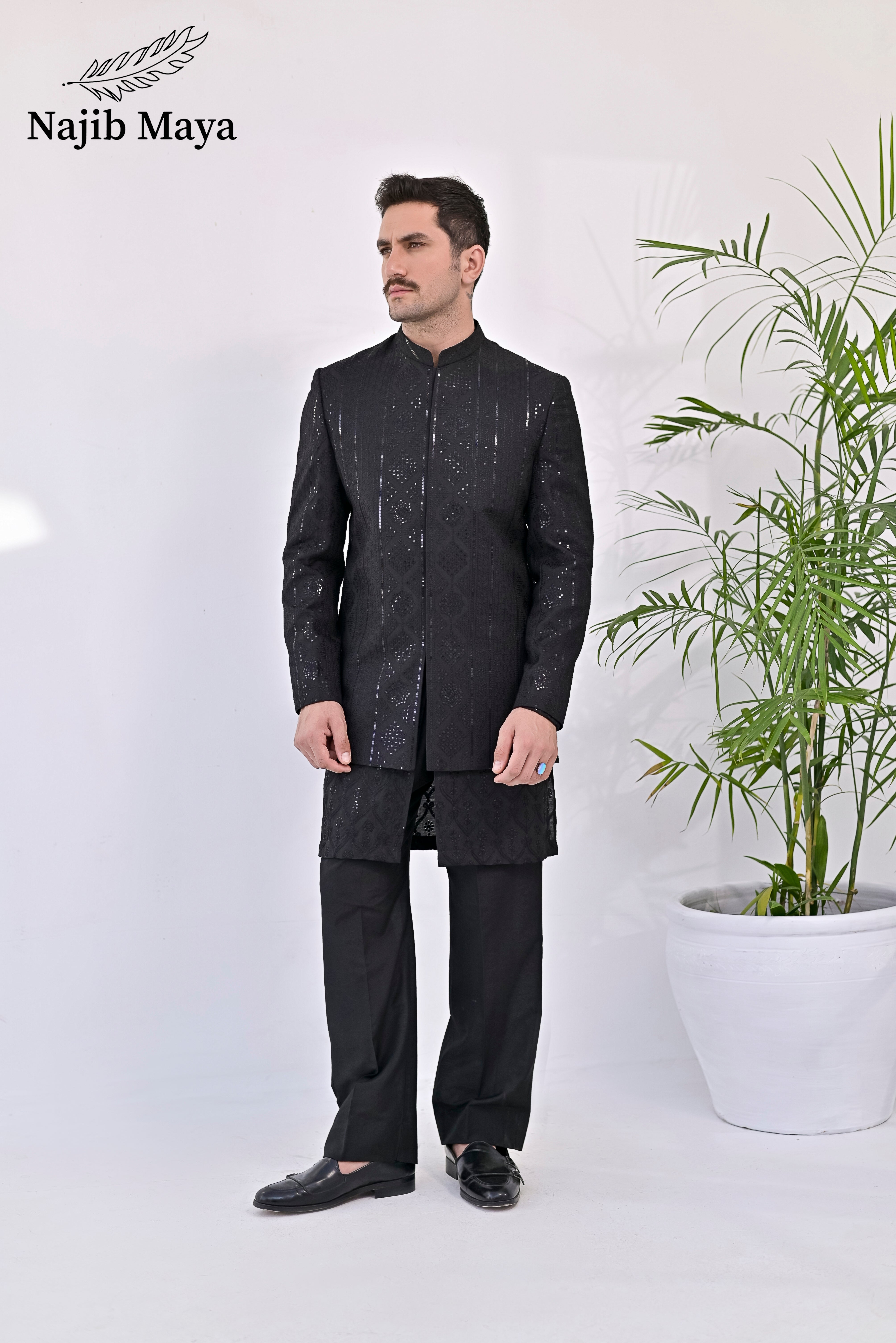 Black Embroidery Prince Coat + Black Front Open Embroidery Kurta Bellbottom Pajama For Men's Main image