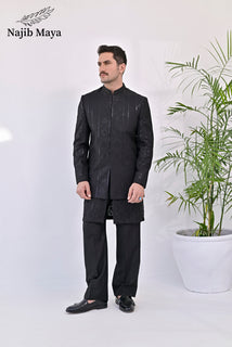 Black Embroidery Prince Coat + Black Front Open Embroidery Kurta Bellbottom Pajama For Men's