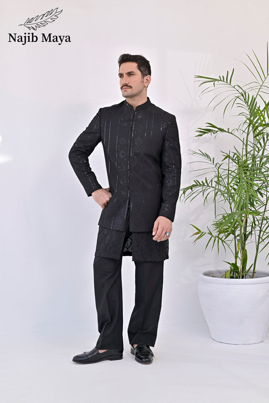 Black Embroidery Prince Coat + Black Front Open Embroidery Kurta Bellbottom Pajama For Men's