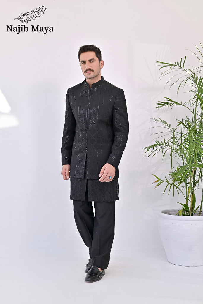 Black Embroidery Prince Coat + Black Front Open Embroidery Kurta Bellbottom Pajama For Men's