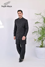 Load image into Gallery viewer, Black Embroidery Prince Coat + Black Front Open Embroidery Kurta Bellbottom Pajama For Men&#39;s