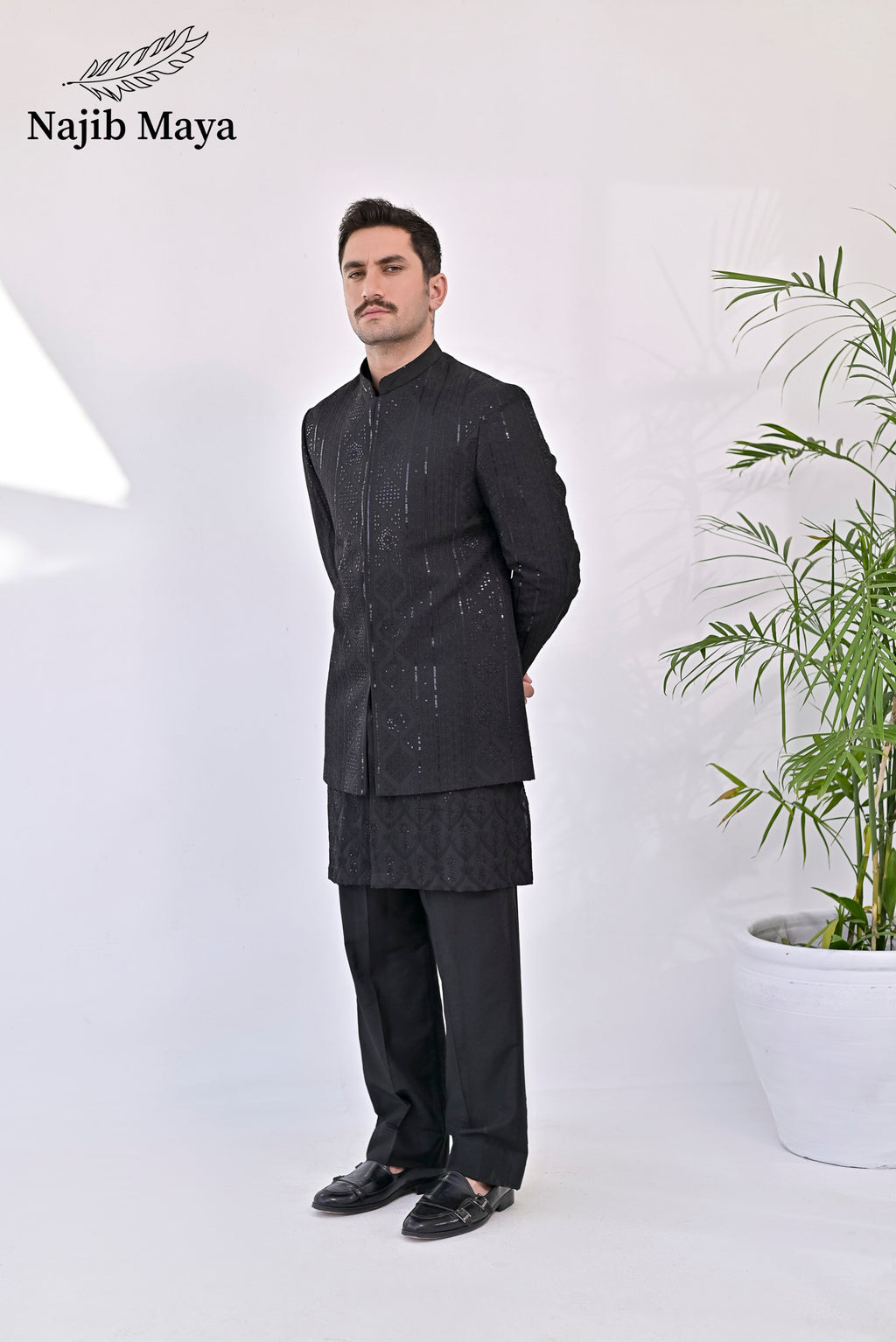 Black Embroidery Prince Coat + Black Front Open Embroidery Kurta Bellbottom Pajama For Men's
