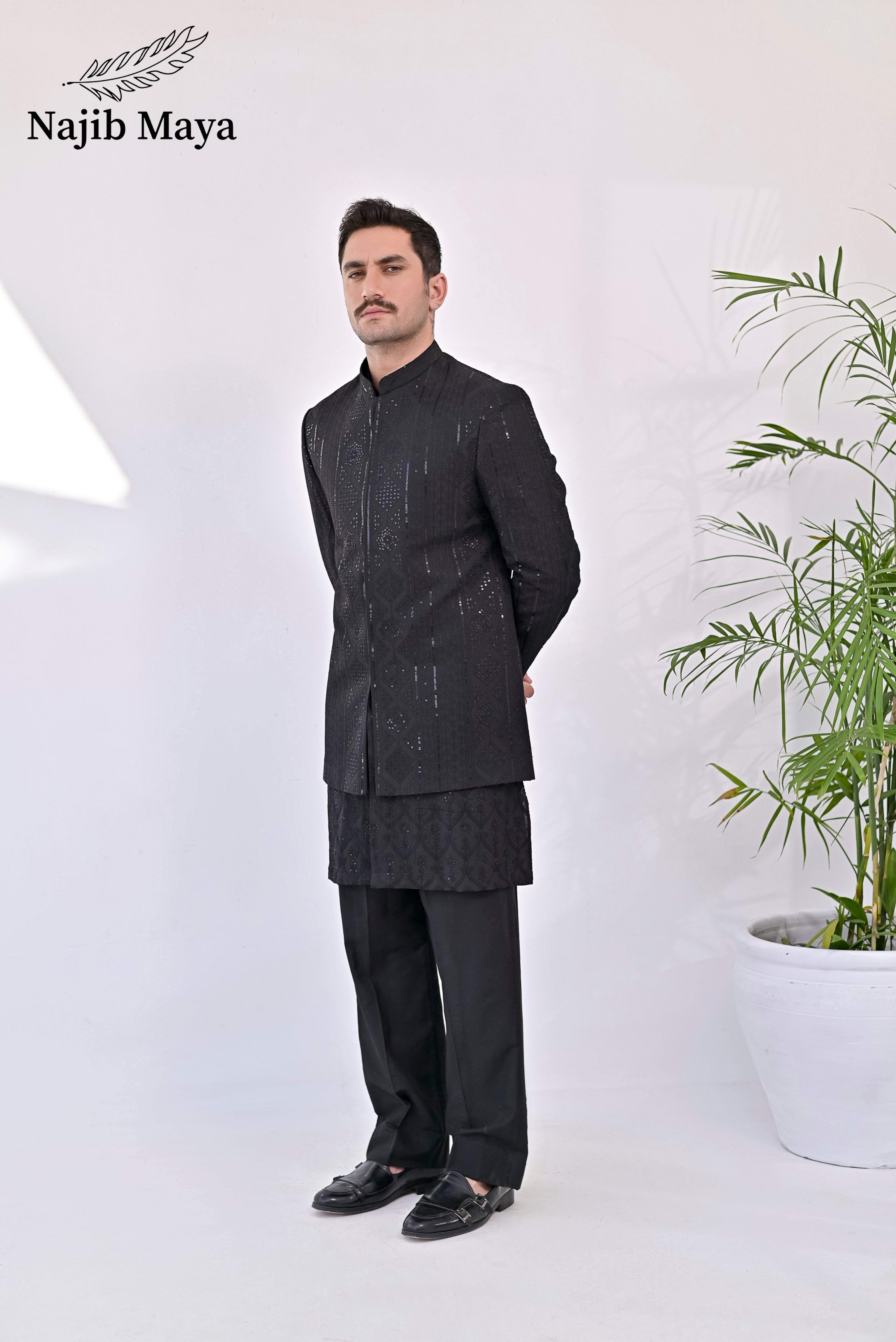 Black Embroidery Prince Coat + Black Front Open Embroidery Kurta Bellbottom Pajama For Men's