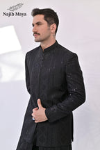 Black Embroidery Prince Coat + Black Front Open Embroidery Kurta Bellbottom Pajama For Men's