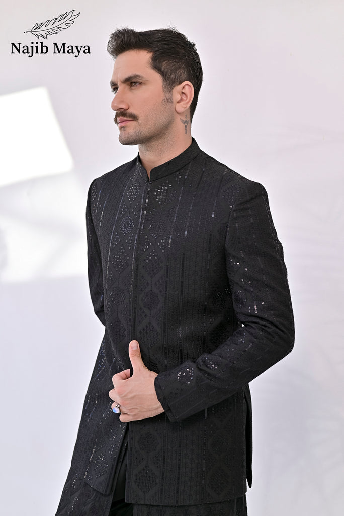 Black Embroidery Prince Coat + Black Front Open Embroidery Kurta Bellbottom Pajama For Men's