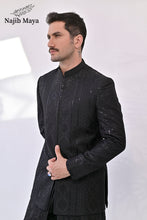 Load image into Gallery viewer, Black Embroidery Prince Coat + Black Front Open Embroidery Kurta Bellbottom Pajama For Men&#39;s