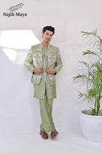 Pista Green Embroidery Prince Coat + Pista Green Front Open Embroidery Kurta Bellbottom Pajama For Men's