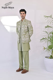 Pista Green Embroidery Prince Coat + Pista Green Front Open Embroidery Kurta Bellbottom Pajama For Men's