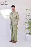 Pista Green Embroidery Prince Coat + Pista Green Front Open Embroidery Kurta Bellbottom Pajama For Men's