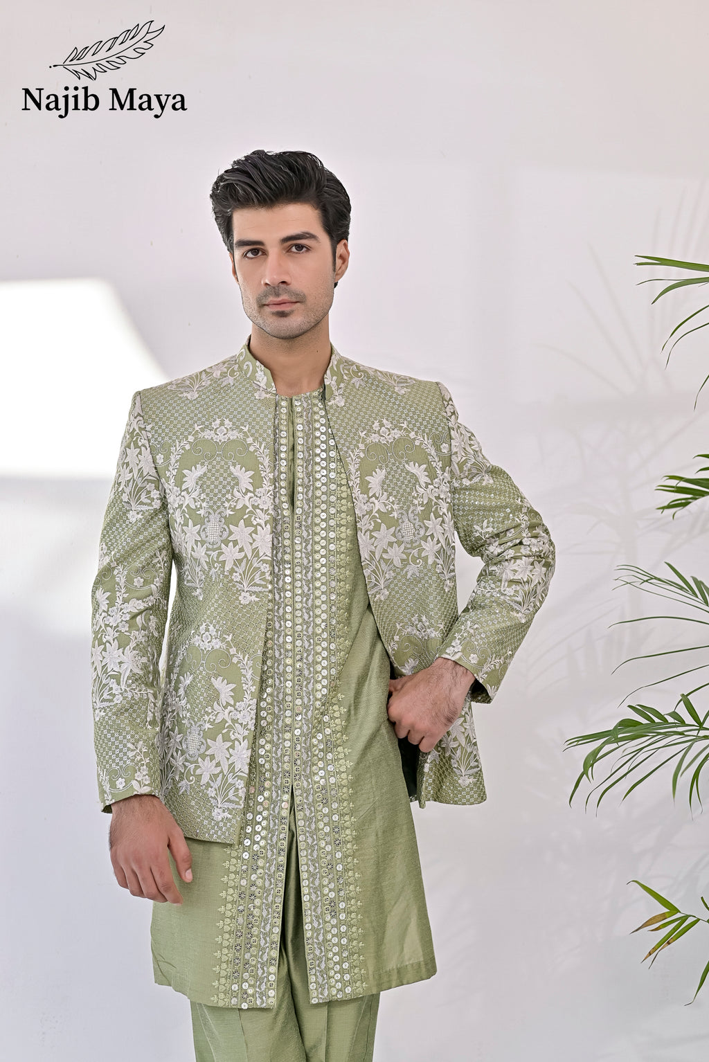 Pista Green Embroidery Prince Coat + Pista Green Front Open Embroidery Kurta Bellbottom Pajama For Men's