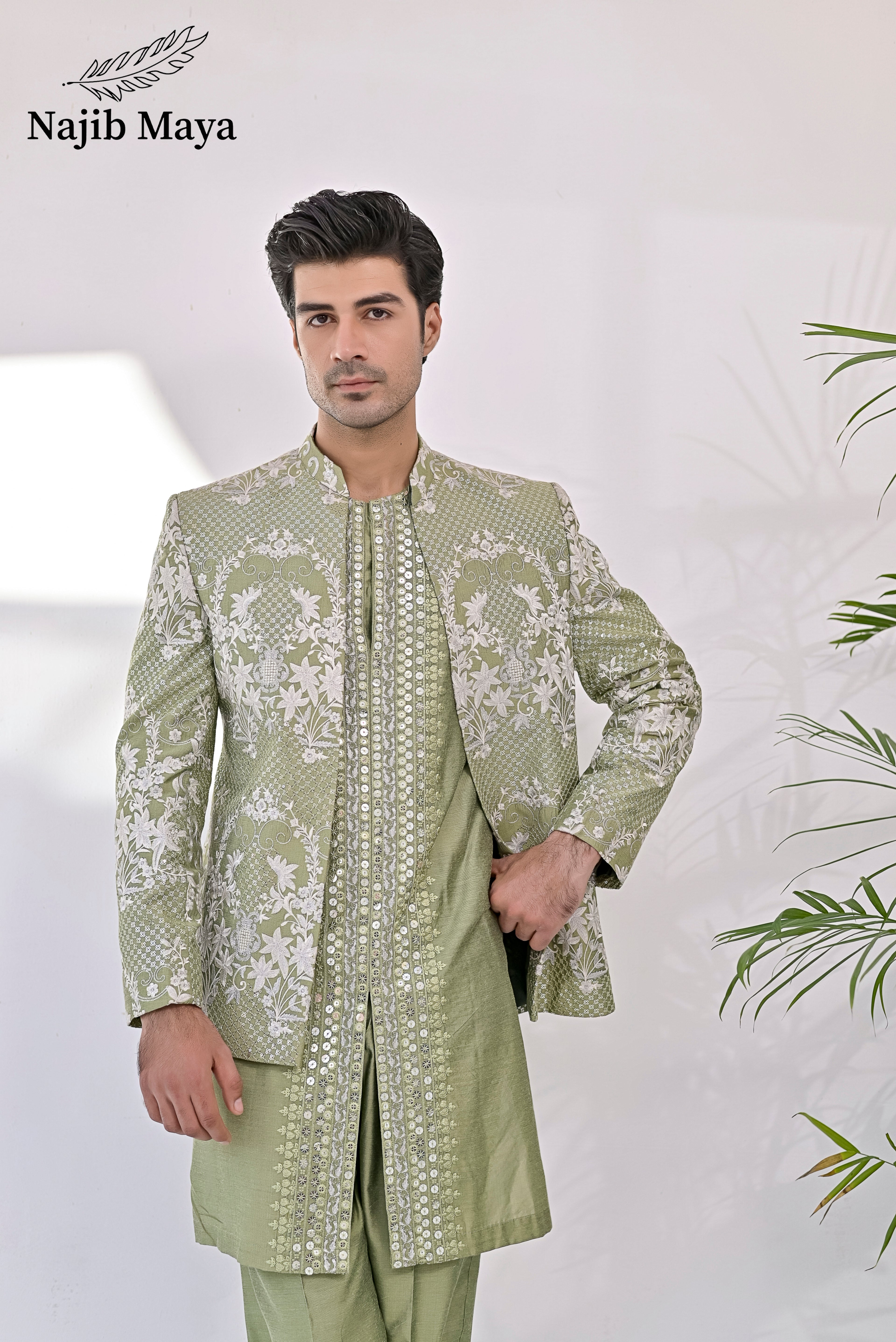 Pista Green Embroidery Prince Coat + Pista Green Front Open Embroidery Kurta Bellbottom Pajama For Men's