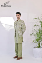 Pista Green Embroidery Prince Coat + Pista Green Front Open Embroidery Kurta Bellbottom Pajama For Men's