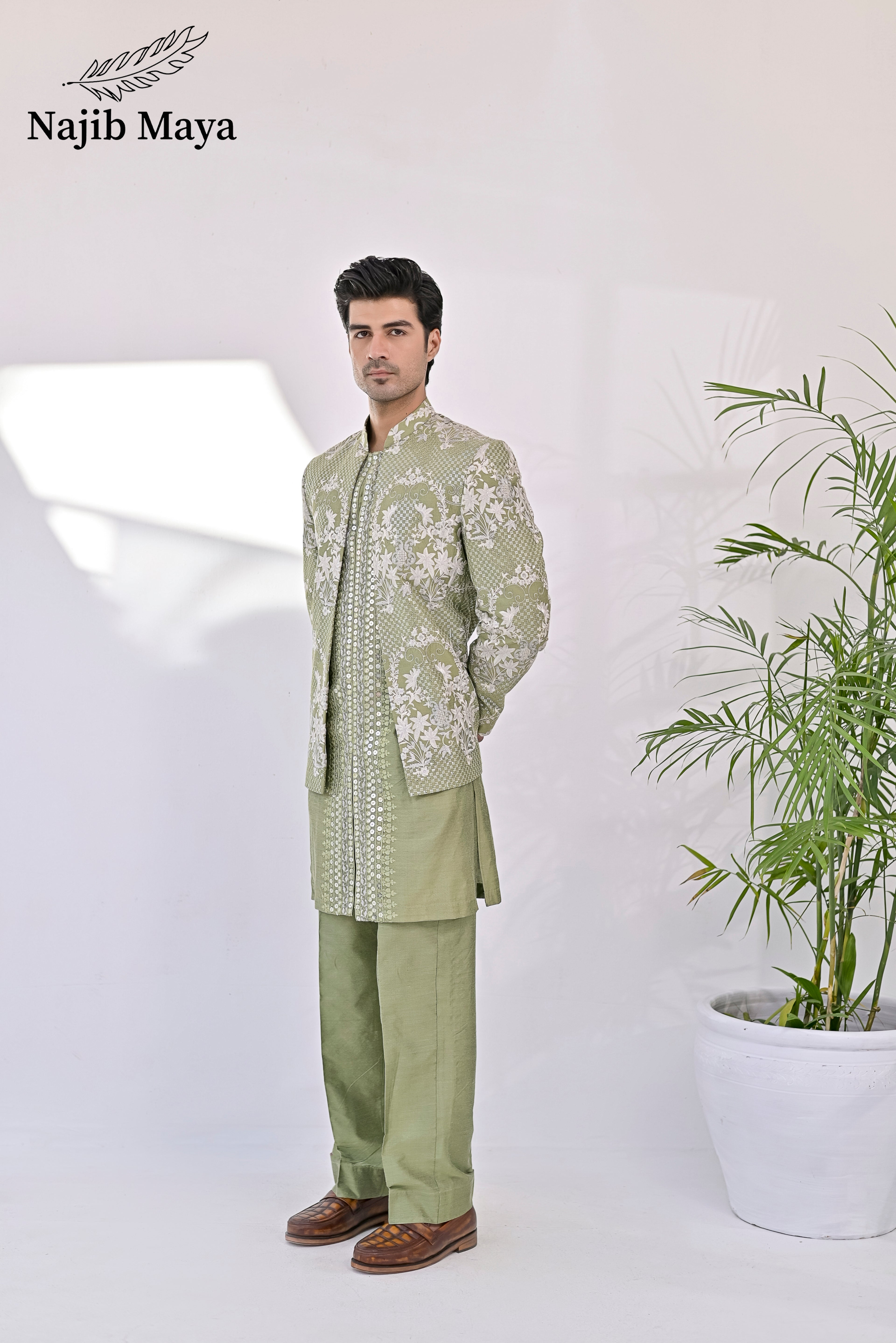 Pista Green Embroidery Prince Coat + Pista Green Front Open Embroidery Kurta Bellbottom Pajama For Men's