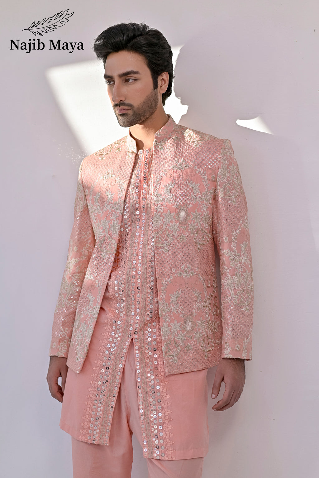 Pink Peach Embroidery Prince Coat + Pink Peach Front Open Embroidery Kurta Bellbottom Pajama For Men's