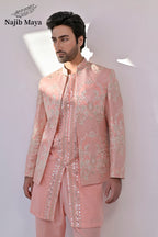 Pink Peach Embroidery Prince Coat + Pink Peach Front Open Embroidery Kurta Bellbottom Pajama For Men's