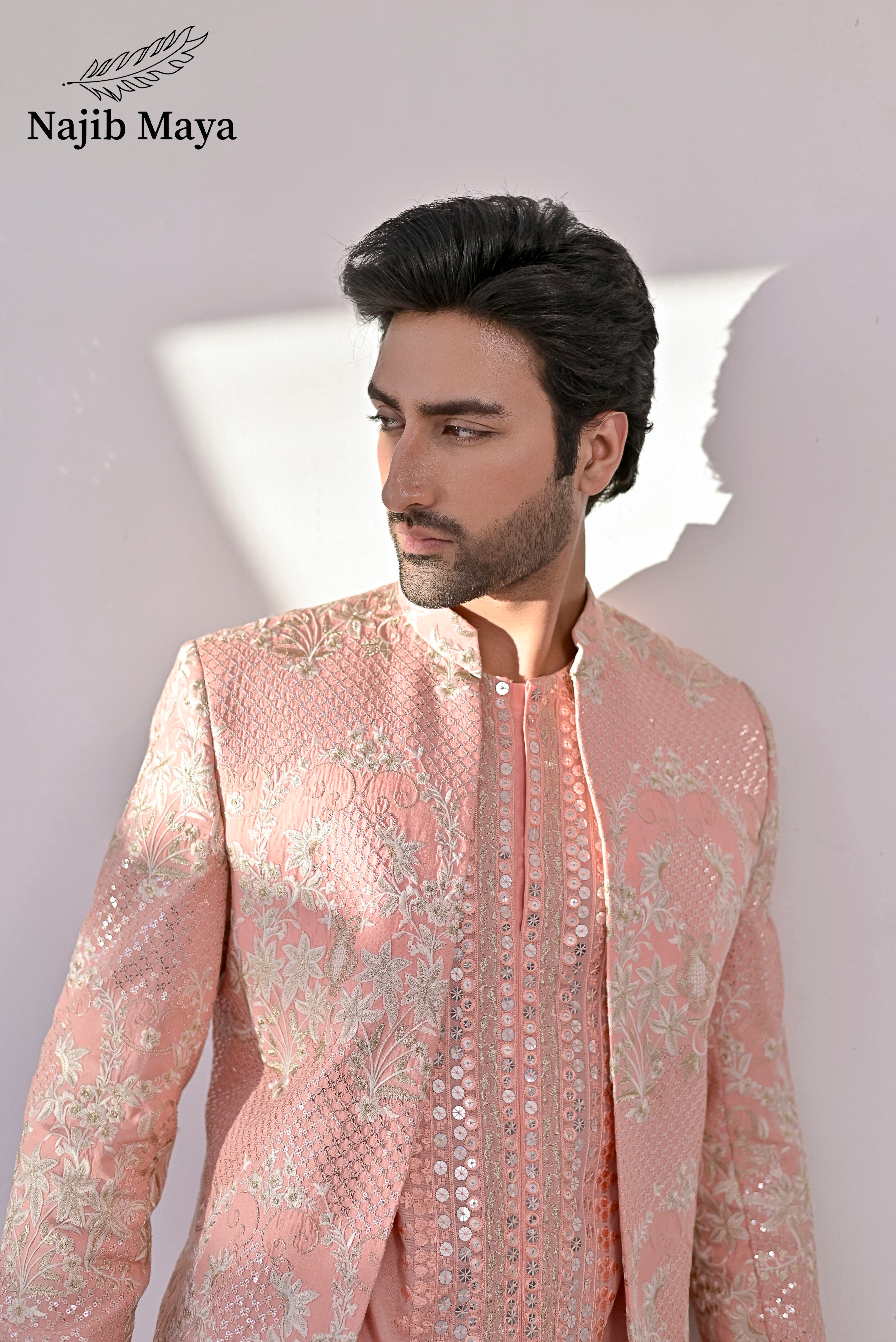 Pink Peach Embroidery Prince Coat + Pink Peach Front Open Embroidery Kurta Bellbottom Pajama For Men's