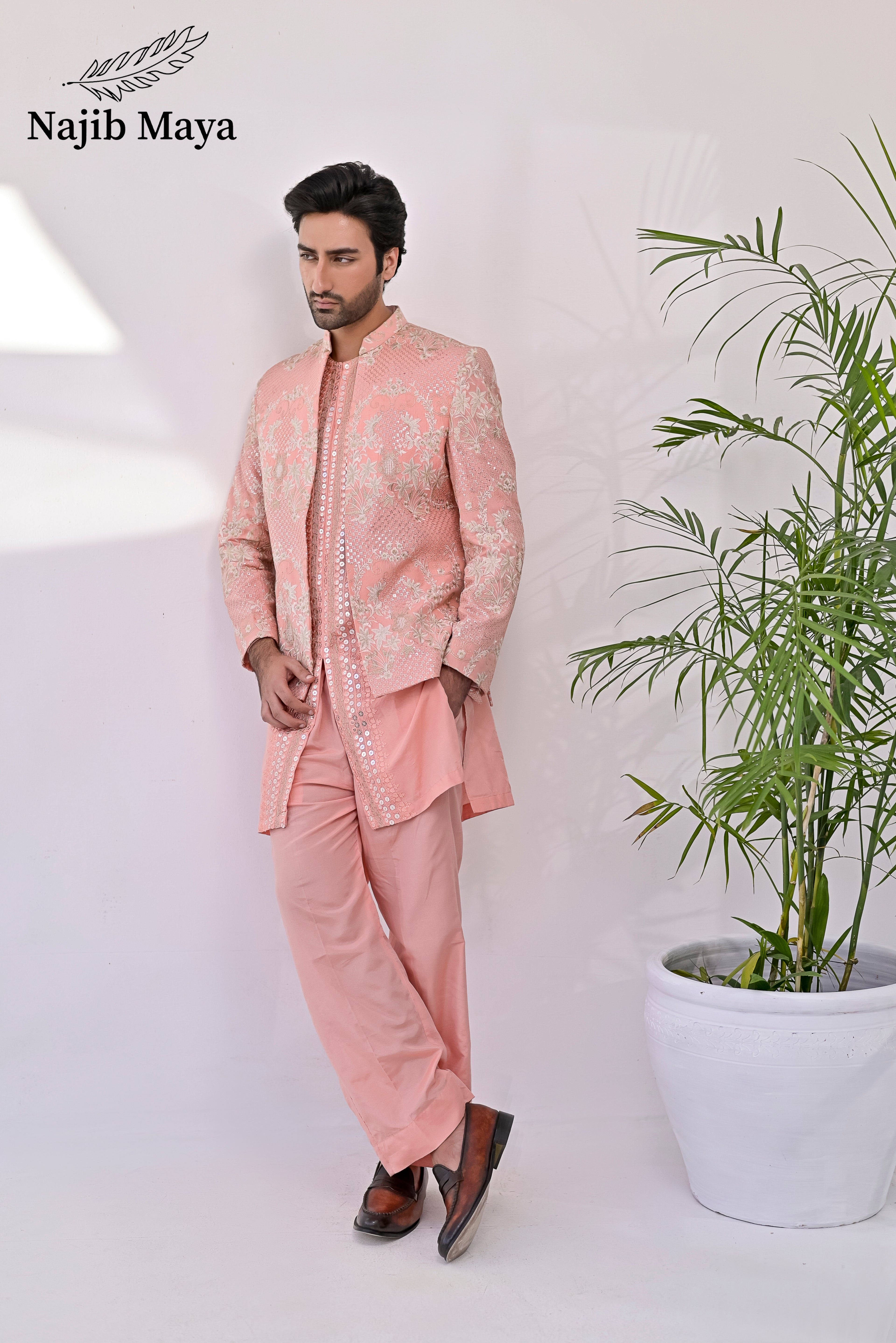 Pink Peach Embroidery Prince Coat + Pink Peach Front Open Embroidery Kurta Bellbottom Pajama For Men's