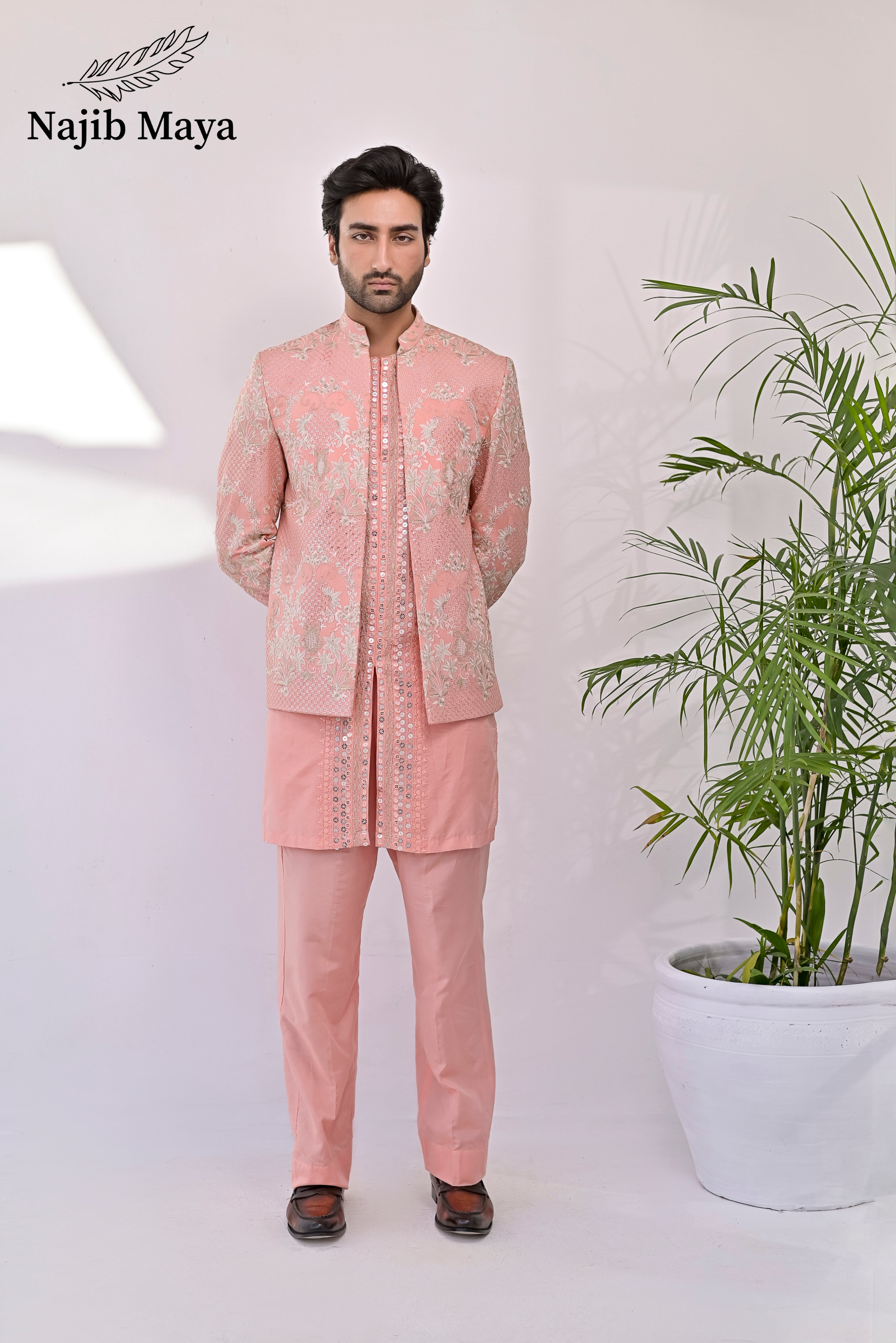 Pink Peach Embroidery Prince Coat + Pink Peach Front Open Embroidery Kurta Bellbottom Pajama For Men's Main image
