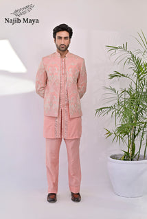 Pink Peach Embroidery Prince Coat + Pink Peach Front Open Embroidery Kurta Bellbottom Pajama For Men's