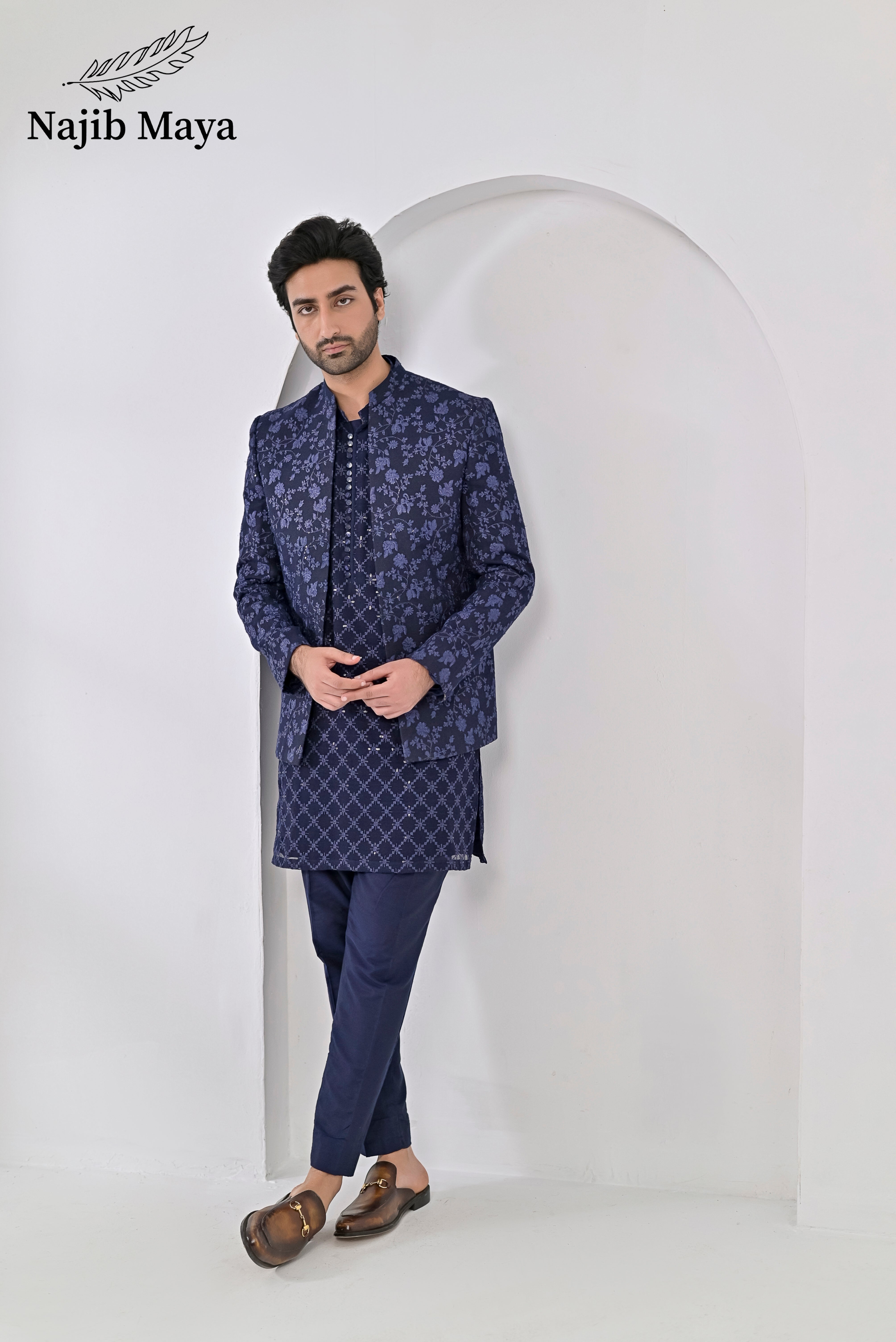 Blue Embroidery Prince Coat + Blue Embroidery Kurta Pajama For Men's Main image