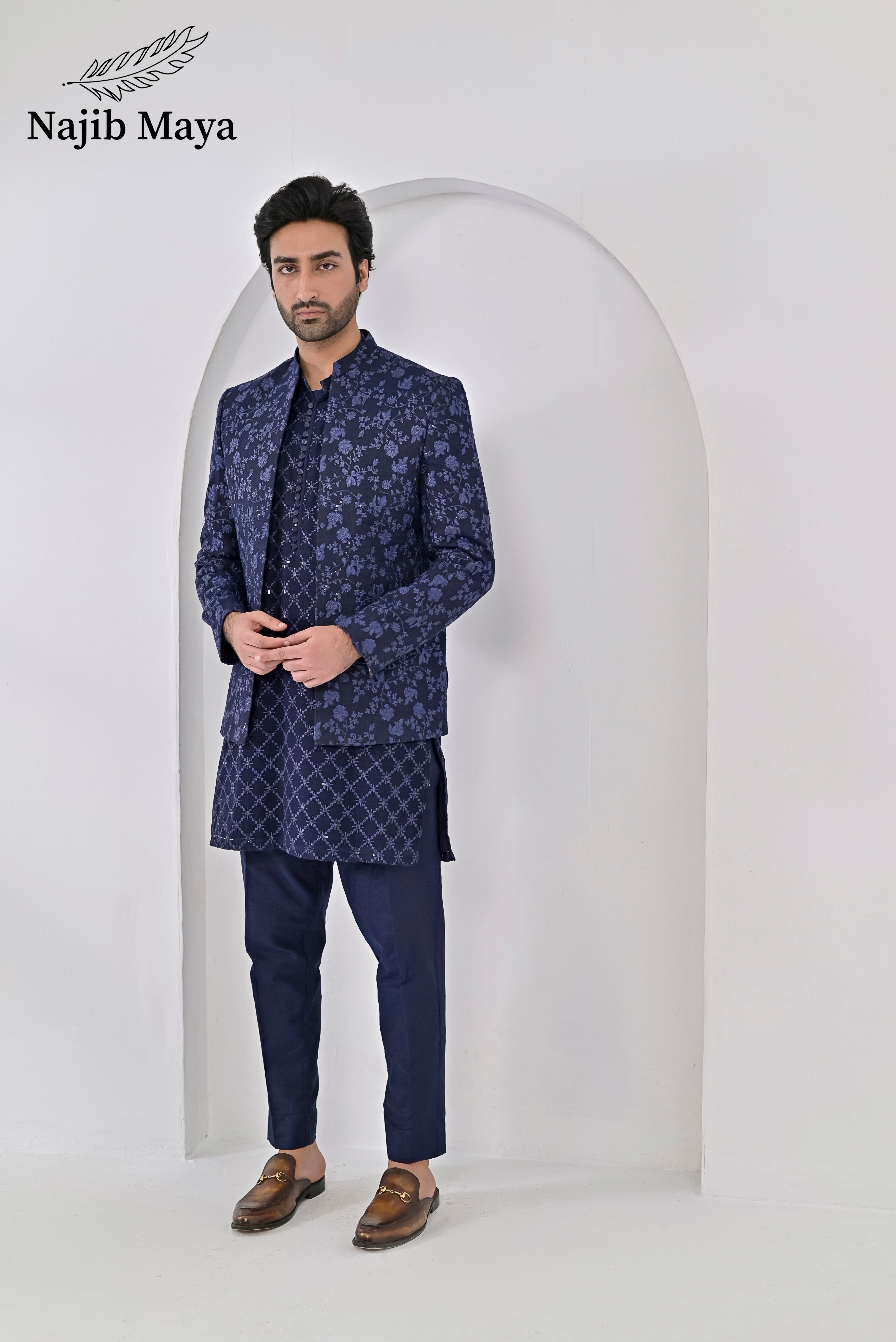 Blue Embroidery Prince Coat + Blue Embroidery Kurta Pajama For Men's
