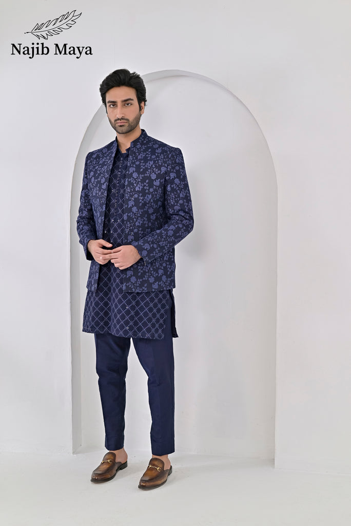 Blue Embroidery Prince Coat + Blue Embroidery Kurta Pajama For Men's