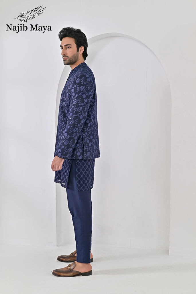 Blue Embroidery Prince Coat + Blue Embroidery Kurta Pajama For Men's