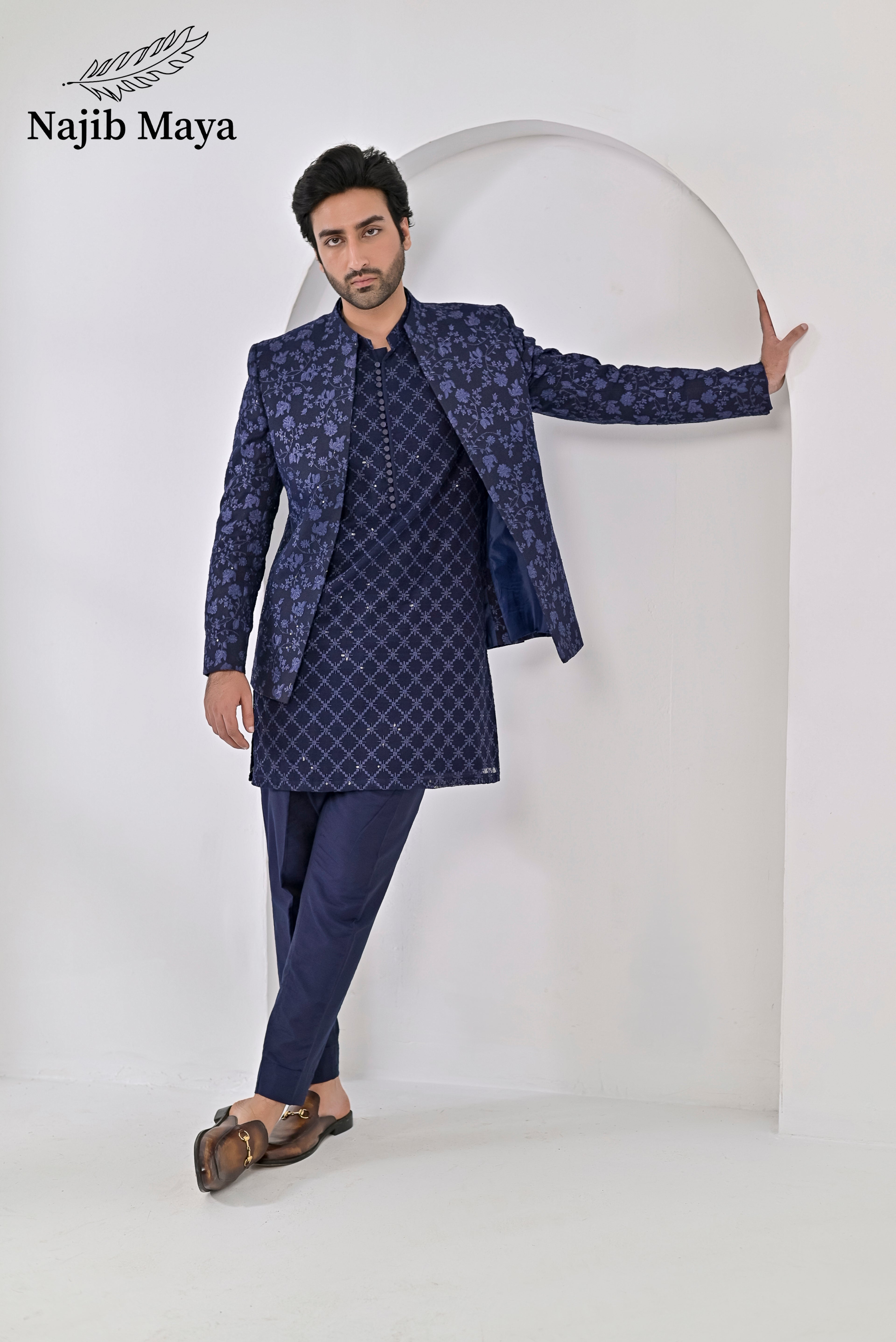 Blue Embroidery Prince Coat + Blue Embroidery Kurta Pajama For Men's