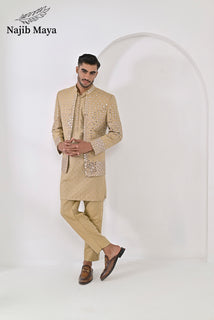 Mate Gold Embroidery Mirror Work Prince Coat + Mate Gold Embroidery Kurta Pajama For Men's