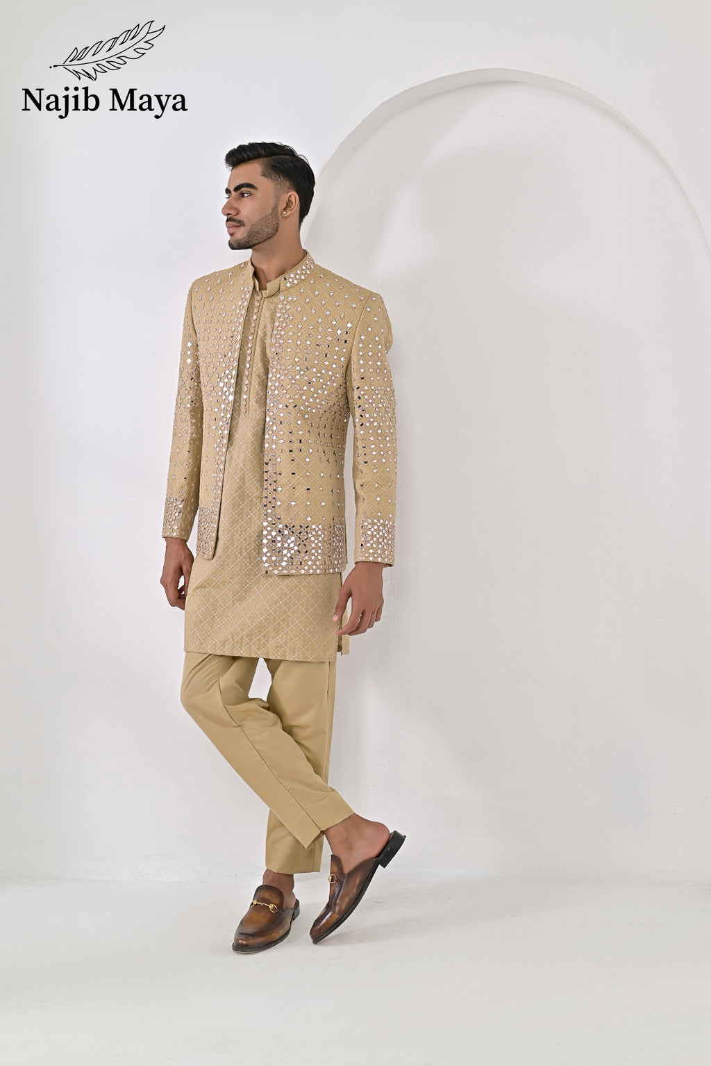 Mate Gold Embroidery Mirror Work Prince Coat + Mate Gold Embroidery Kurta Pajama For Men's