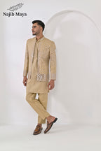 Mate Gold Embroidery Mirror Work Prince Coat + Mate Gold Embroidery Kurta Pajama For Men's