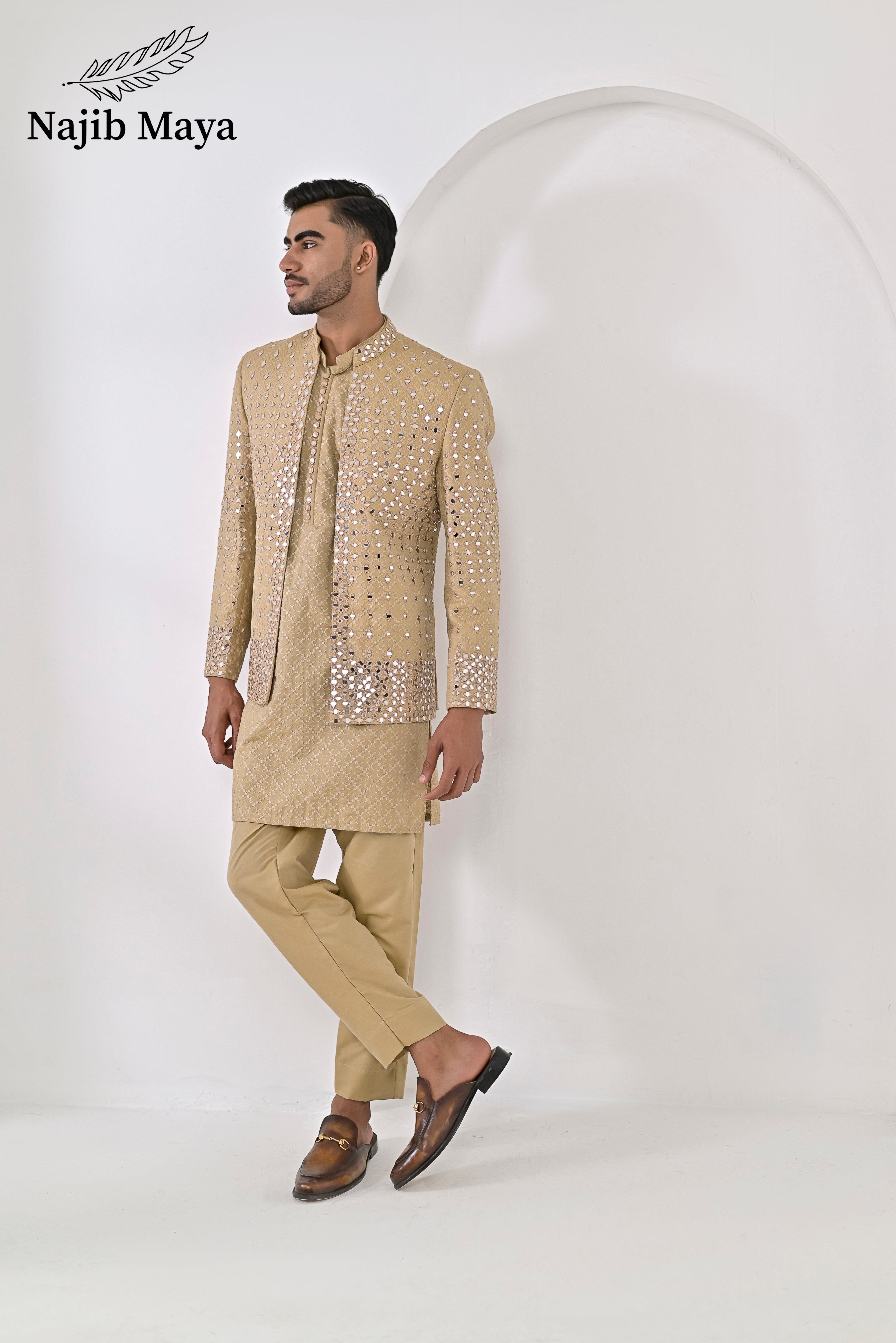 Mate Gold Embroidery Mirror Work Prince Coat + Mate Gold Embroidery Kurta Pajama For Men's