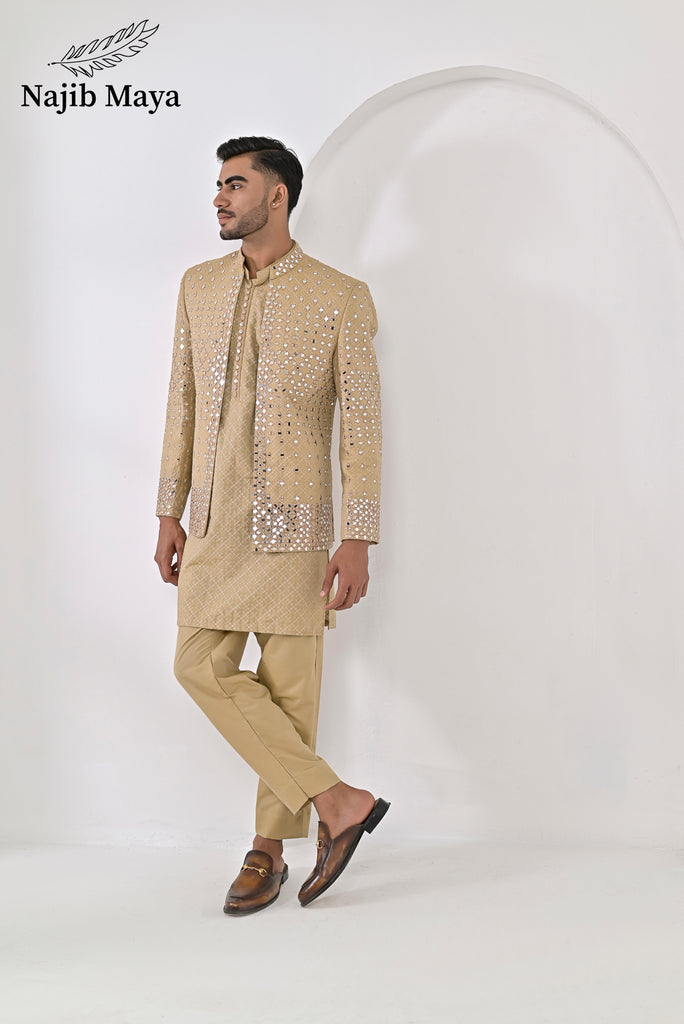 Mate Gold Embroidery Mirror Work Prince Coat + Mate Gold Embroidery Kurta Pajama For Men's