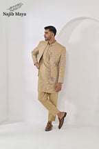 Mate Gold Embroidery Mirror Work Prince Coat + Mate Gold Embroidery Kurta Pajama For Men's