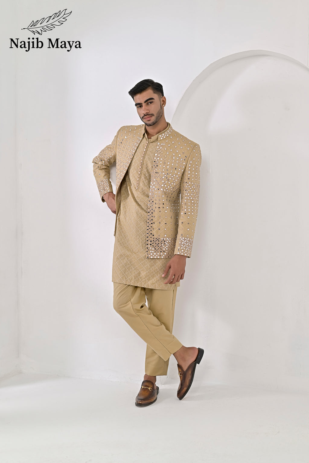 Mate Gold Embroidery Mirror Work Prince Coat + Mate Gold Embroidery Kurta Pajama For Men's
