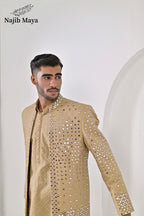 Mate Gold Embroidery Mirror Work Prince Coat + Mate Gold Embroidery Kurta Pajama For Men's