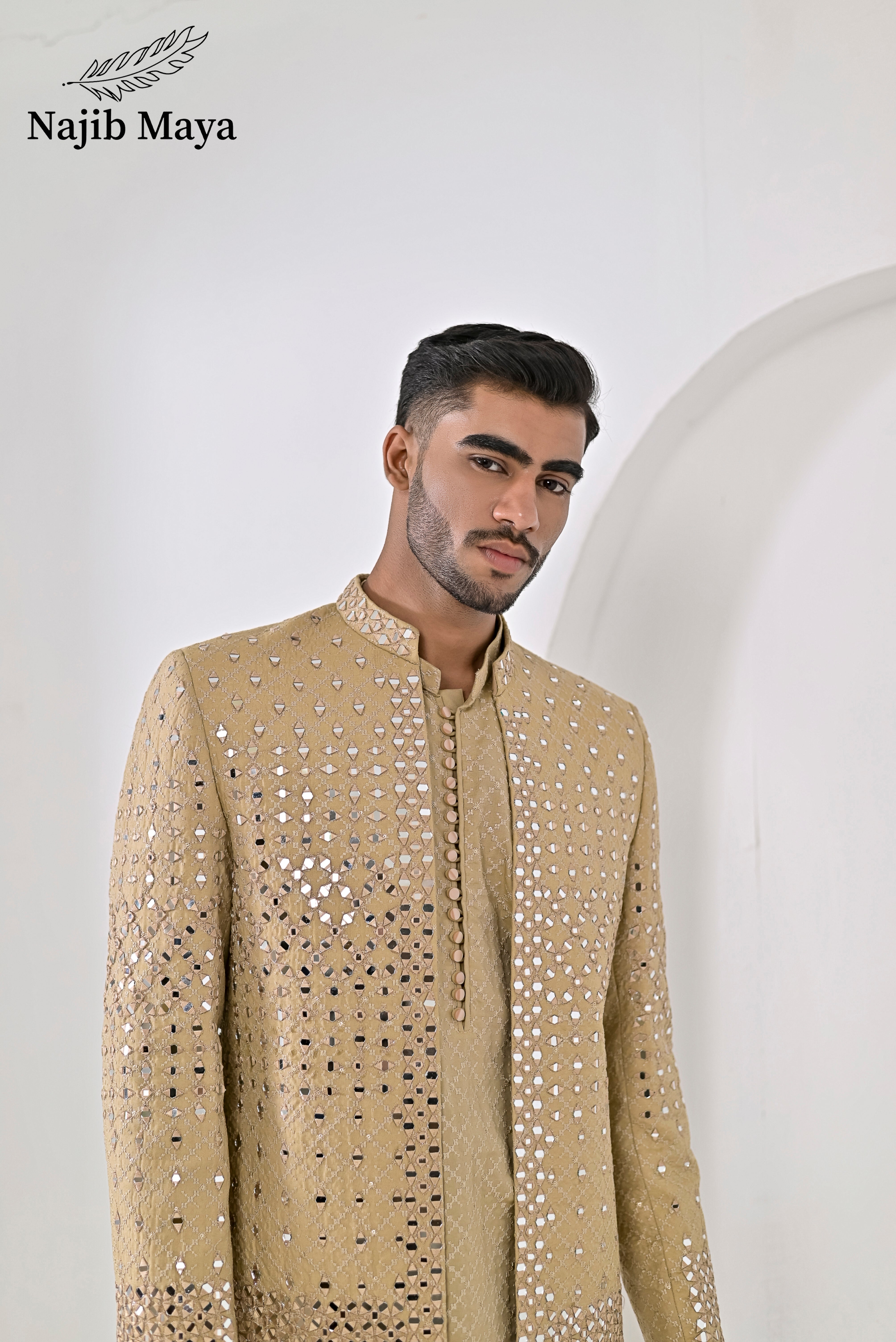 Mate Gold Embroidery Mirror Work Prince Coat + Mate Gold Embroidery Kurta Pajama For Men's Secondary image