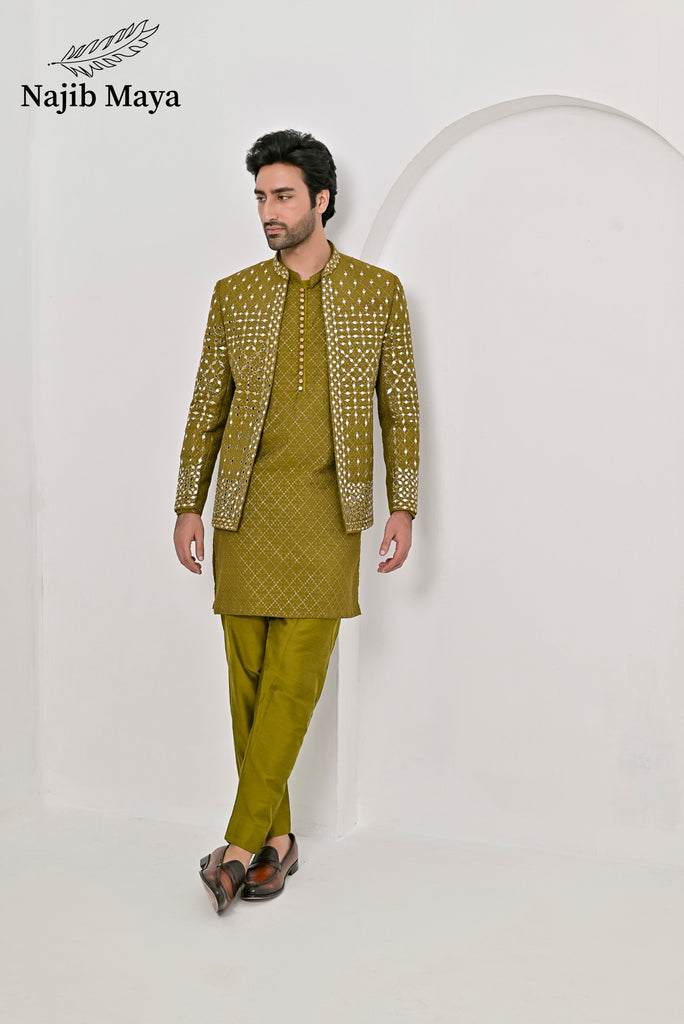 Dhaani Embroidery Mirror Work Prince Coat + Dhaani Embroidery Kurta Pajama For Men's