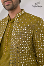 Dhaani Embroidery Mirror Work Prince Coat + Dhaani Embroidery Kurta Pajama For Men's