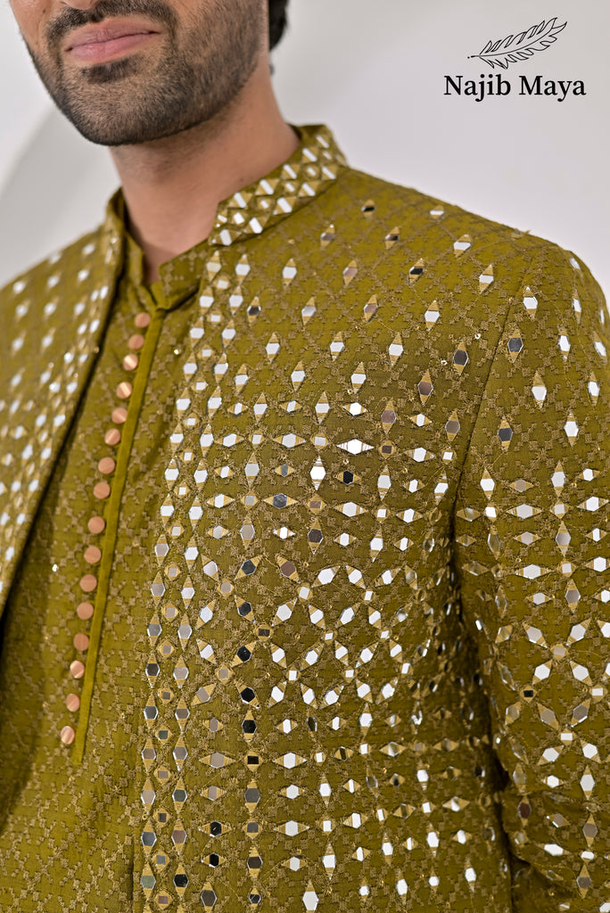 Dhaani Embroidery Mirror Work Prince Coat + Dhaani Embroidery Kurta Pajama For Men's