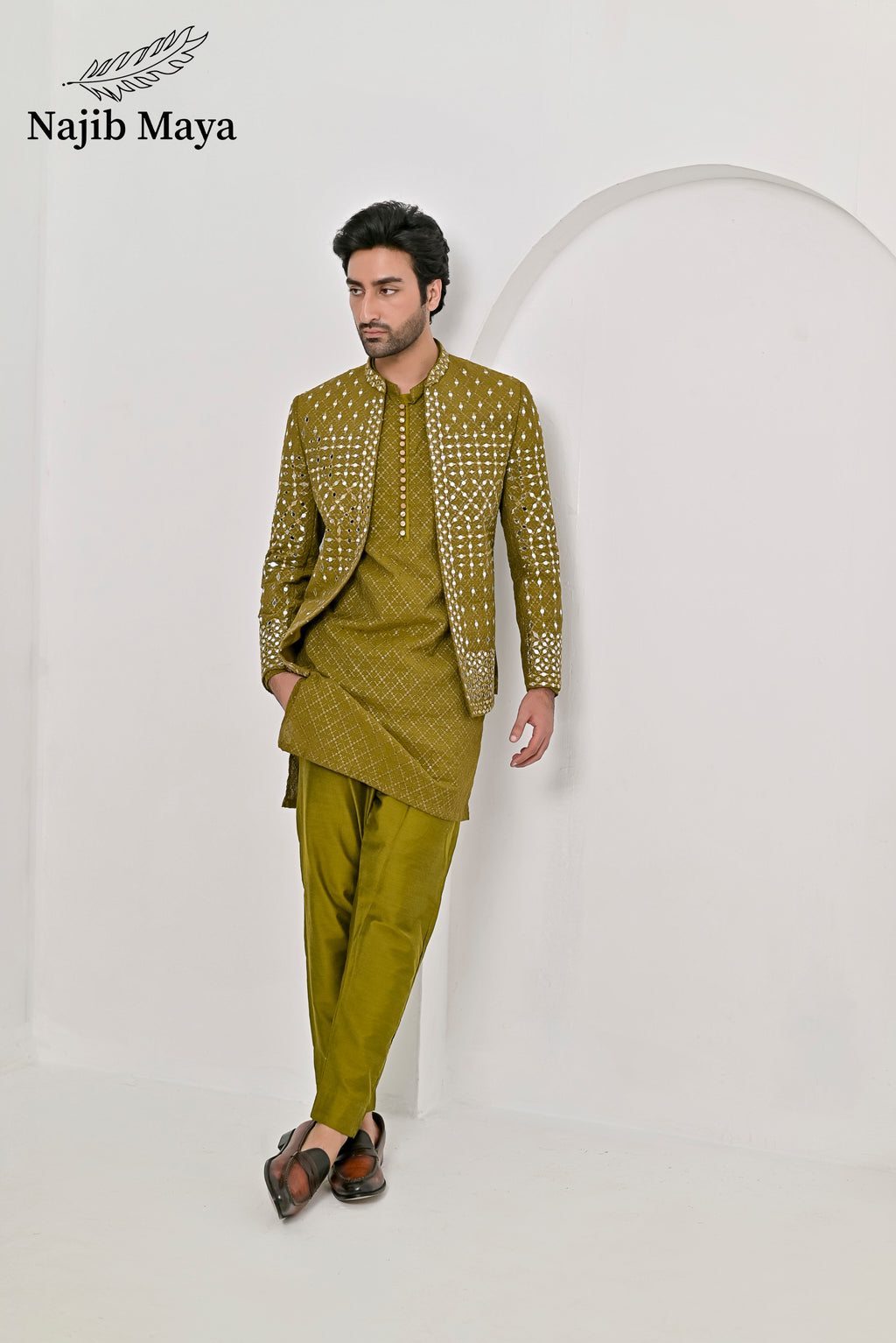 Dhaani Embroidery Mirror Work Prince Coat + Dhaani Embroidery Kurta Pajama For Men's