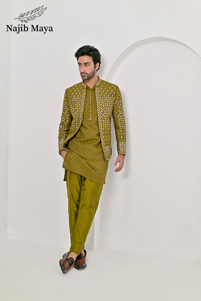 Dhaani Embroidery Mirror Work Prince Coat + Dhaani Embroidery Kurta Pajama For Men's
