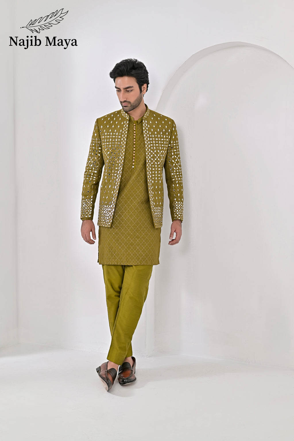 Dhaani Embroidery Mirror Work Prince Coat + Dhaani Embroidery Kurta Pajama For Men's