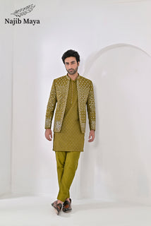Dhaani Embroidery Mirror Work Prince Coat + Dhaani Embroidery Kurta Pajama For Men's