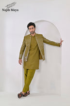 Dhaani Embroidery Mirror Work Prince Coat + Dhaani Embroidery Kurta Pajama For Men's
