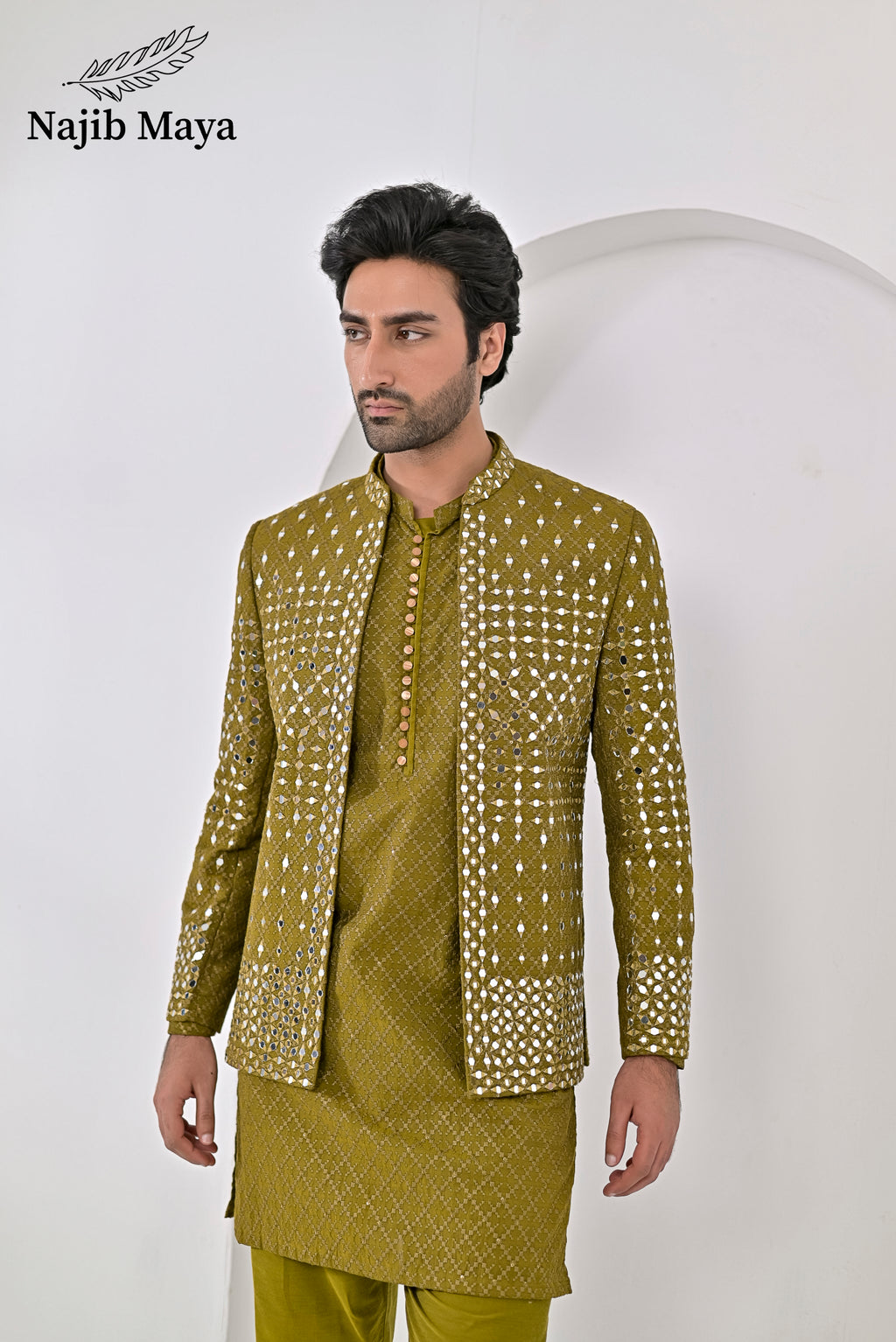 Dhaani Embroidery Mirror Work Prince Coat + Dhaani Embroidery Kurta Pajama For Men's