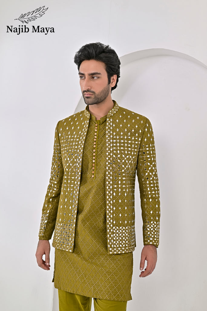 Dhaani Embroidery Mirror Work Prince Coat + Dhaani Embroidery Kurta Pajama For Men's