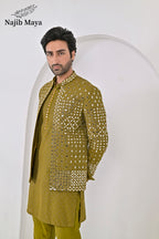 Dhaani Embroidery Mirror Work Prince Coat + Dhaani Embroidery Kurta Pajama For Men's