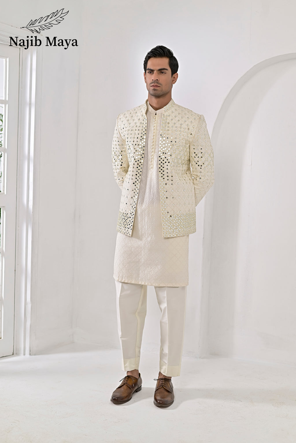 Cream Embroidery Mirror Work Prince Coat + Cream Embroidery Kurta Pajama For Men's