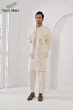 Cream Embroidery Mirror Work Prince Coat + Cream Embroidery Kurta Pajama For Men's